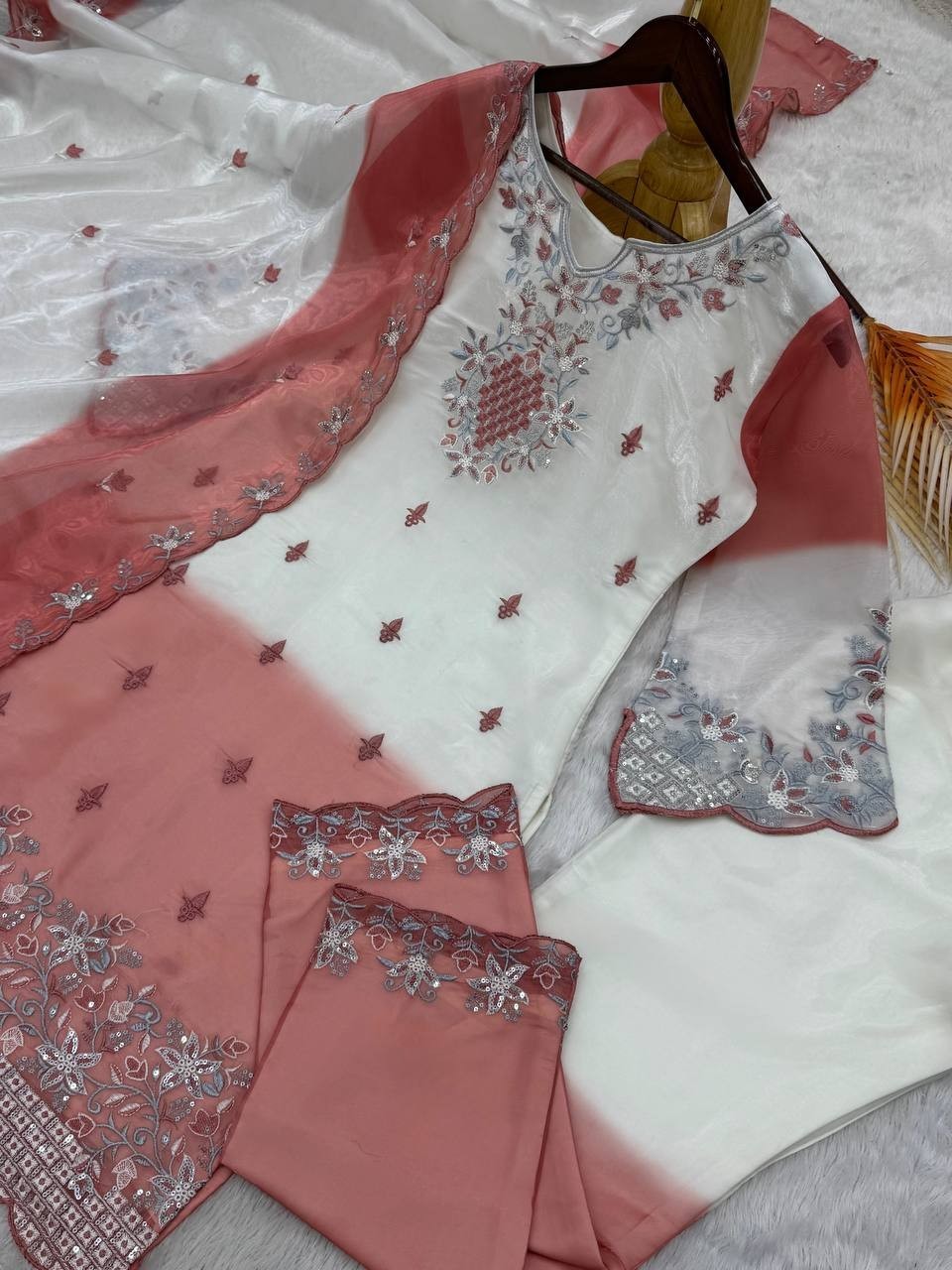 Presenting Pure Silk Salwar Kameez With Dusty Pink Dupatta For Festival Wear