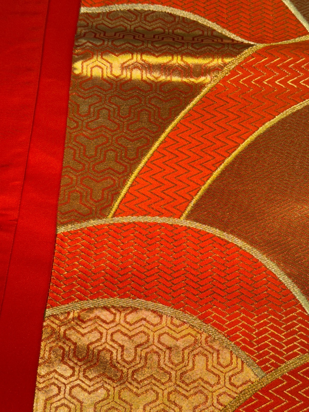 Japanese Vintage Kimono Fukuro Obi Silk Orange Traditional Embroidery 166×12 in