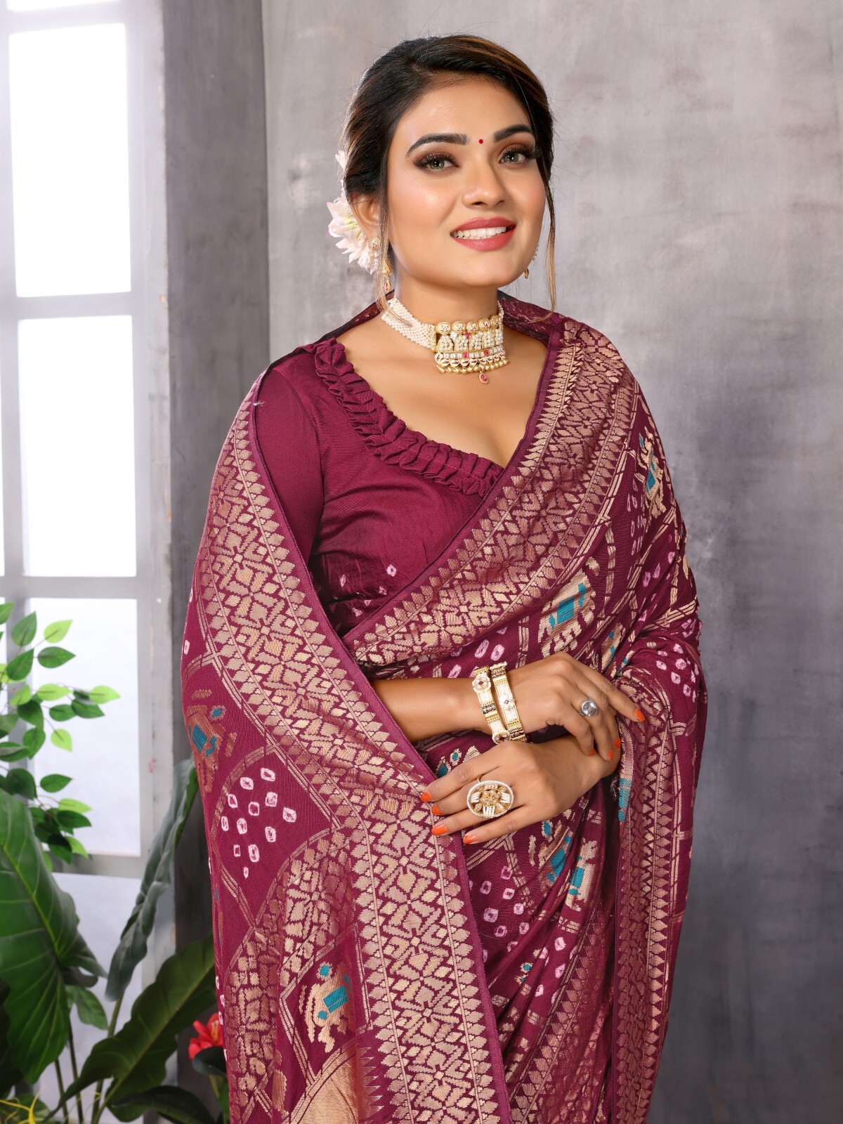 Marron Bandhej Bandhani Misco Pure Gaji Patola Chex Bandhani Saree With Blouse