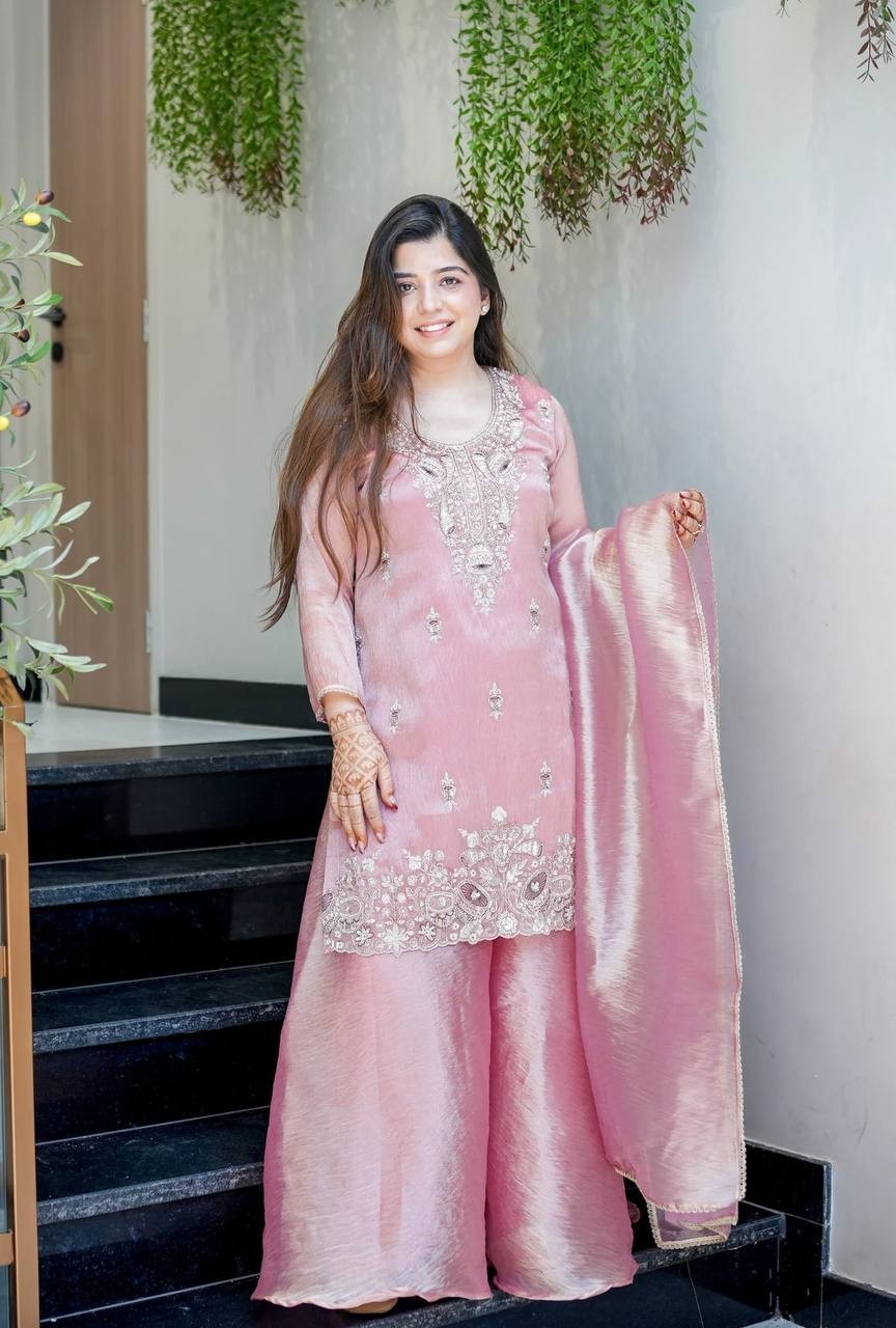 Pure Jimmy Choo Silk Suit Set | Heavy Embroidery Sequence Work | Full Stitched