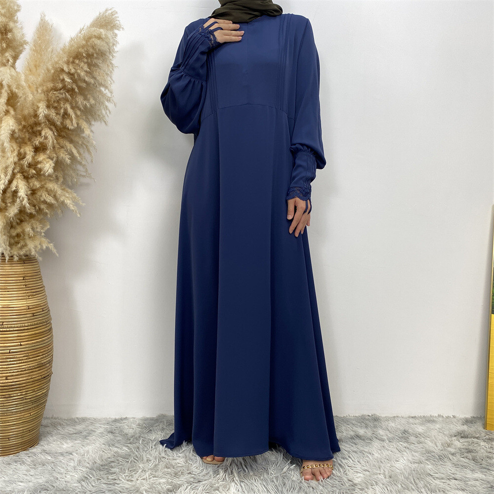 Women Loose Robe Muslim Dress Kaftan Solid Color Lace Sleeve Abaya Simple Burqa