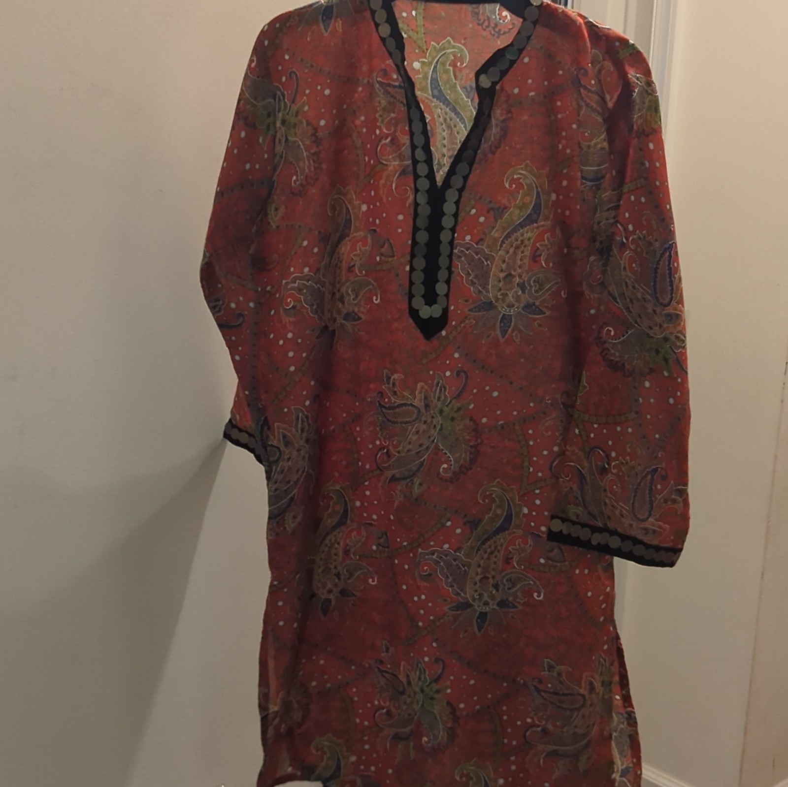 Handmade Women’s Orange red Paisley Kurta Tunic V-Neck Mirror Trim 3/4 Sleeve