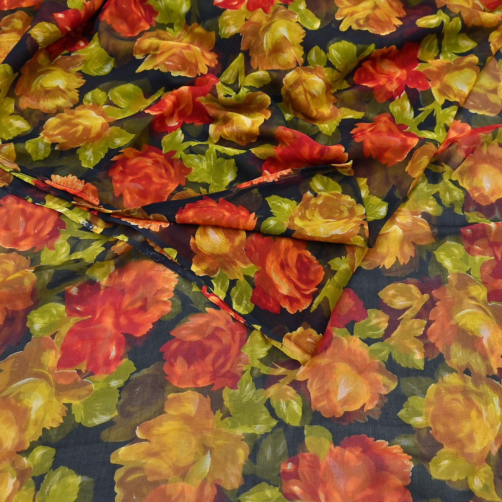 Vintage Sari Black 100% Pure Chiffon Silk Printed Sarees Sewing 5yd Craft Fabric