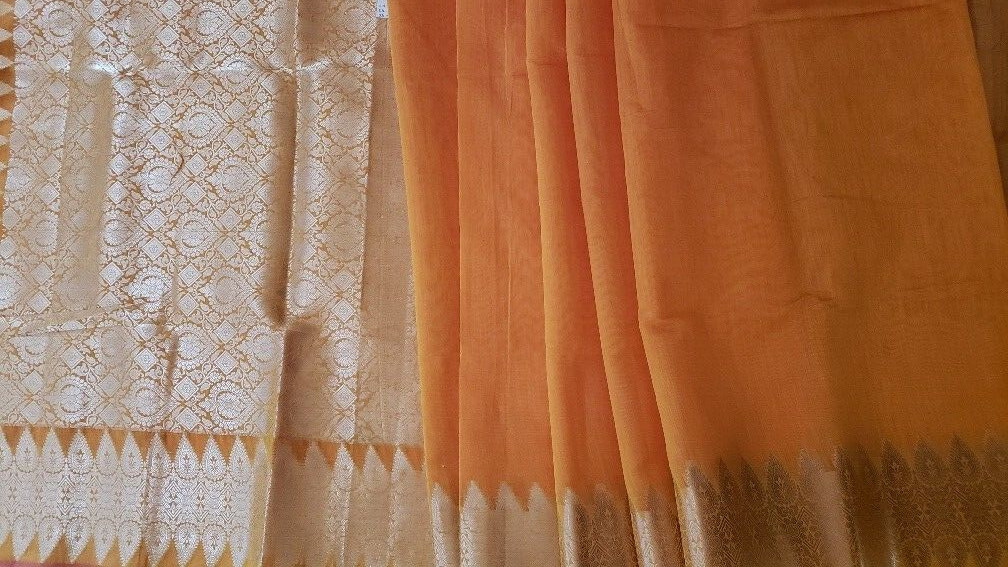 Jute Silk Saree Zari Border & Pallu Unstitched Brocade Zari Blouse Party Wear