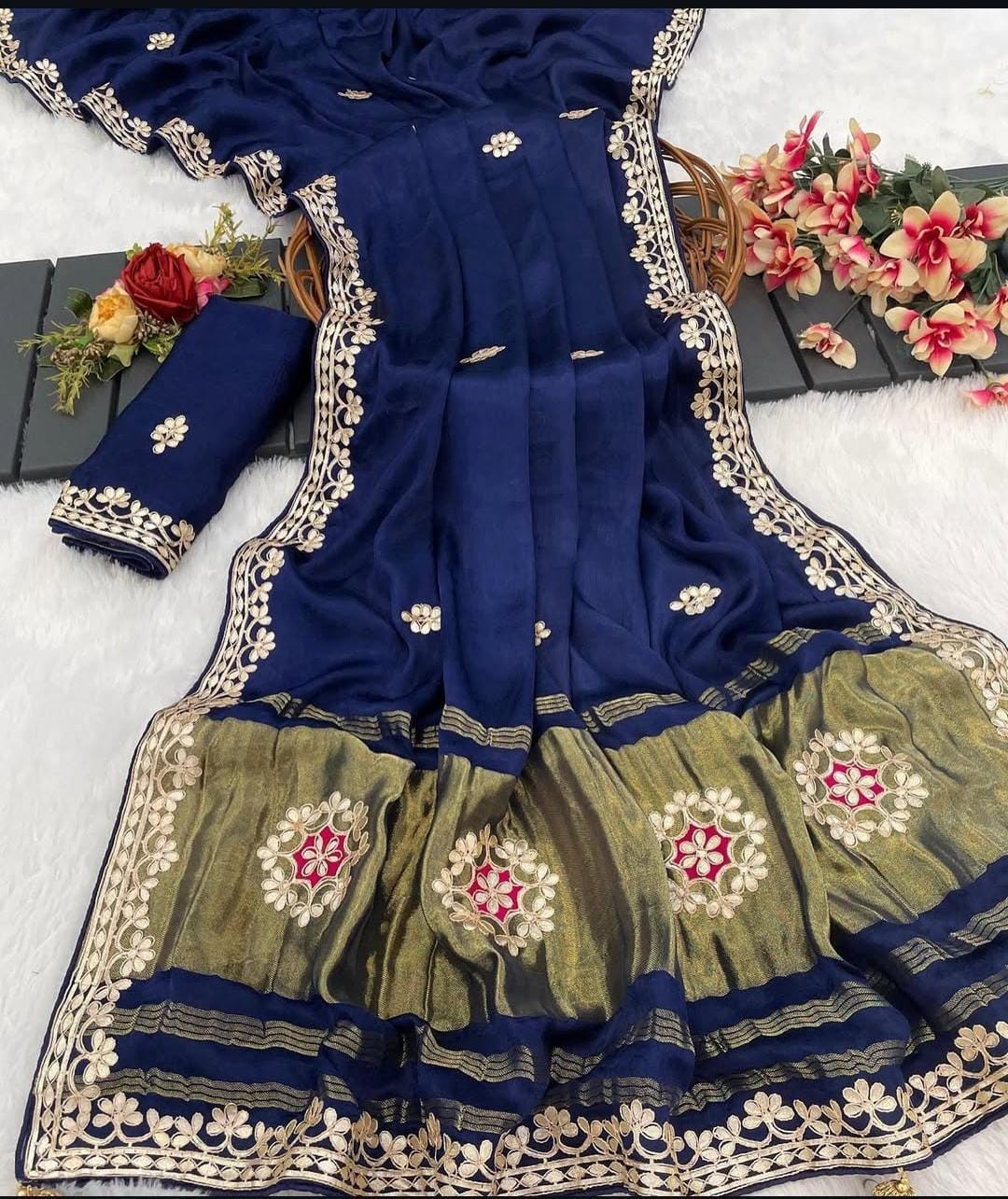 pure gaji silk bandhani saree gota pati hand work and gala pallu with blouse