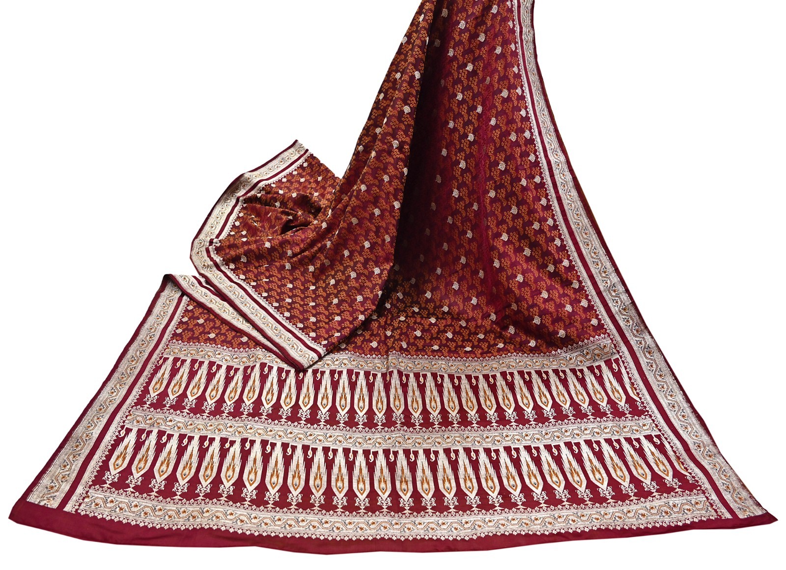 Indian Vintage Sari Maroon Heavy Wedding Pure Satin Silk Woven Banarasi Tanchoi