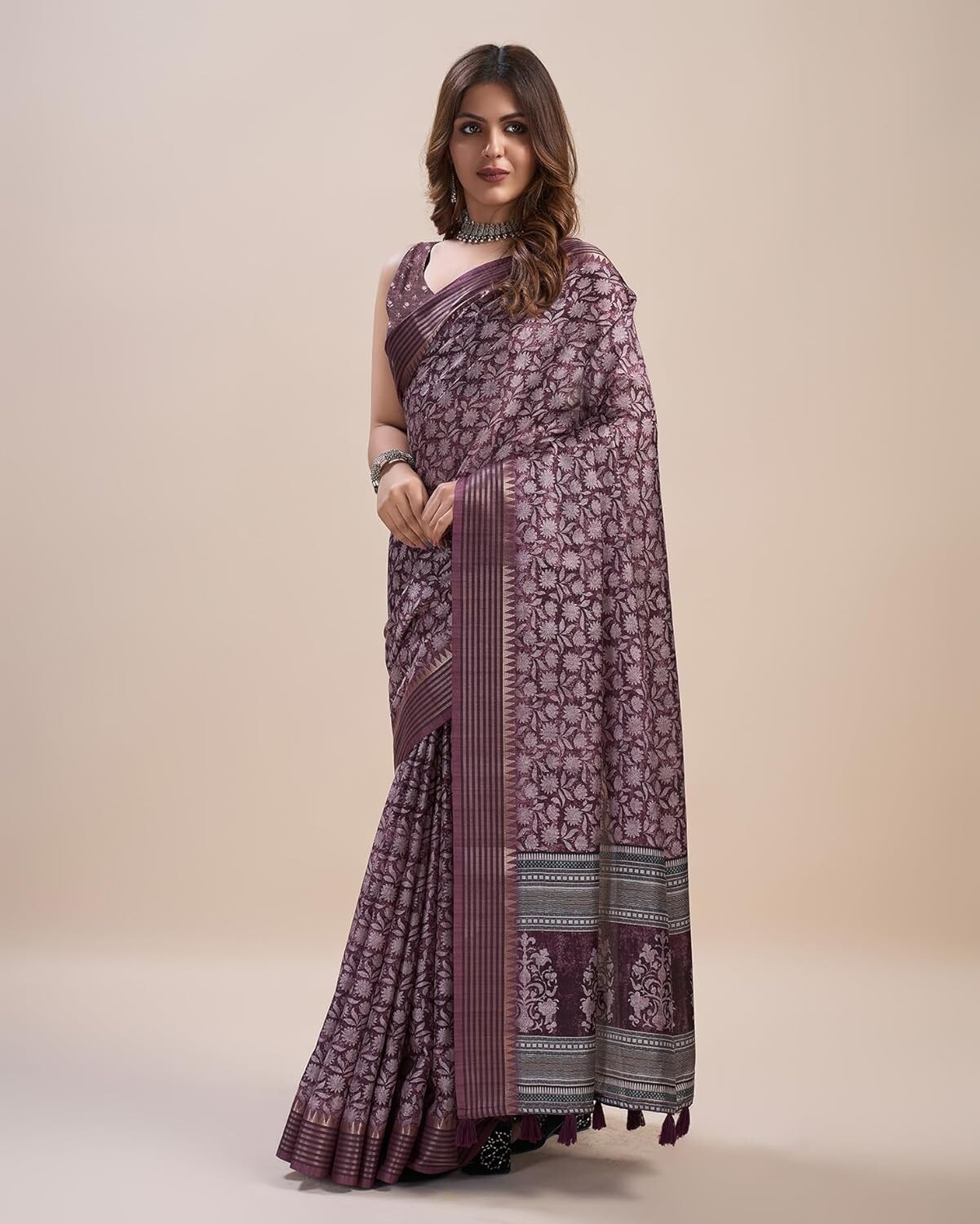 Women’s Pashmina Silk Ajrakh Printed Saree With Unstitched Blouse
