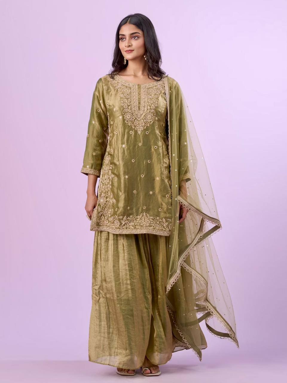 Stylish Look Heavy Silk Green Top Palazzo With Dupatta For Functional Wear