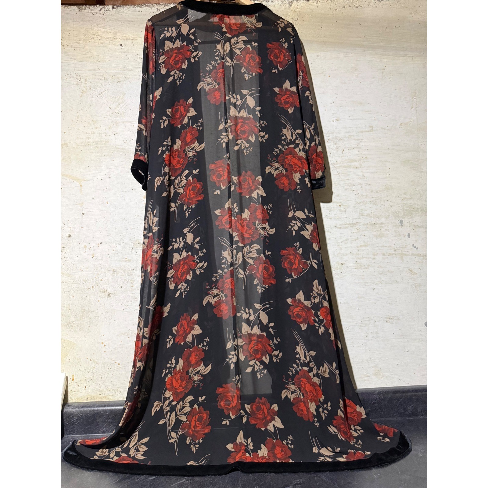 Torrid Womens Black Red Rose Floral Sheer Chiffon Velvet Trim Maxi Kimono Duster