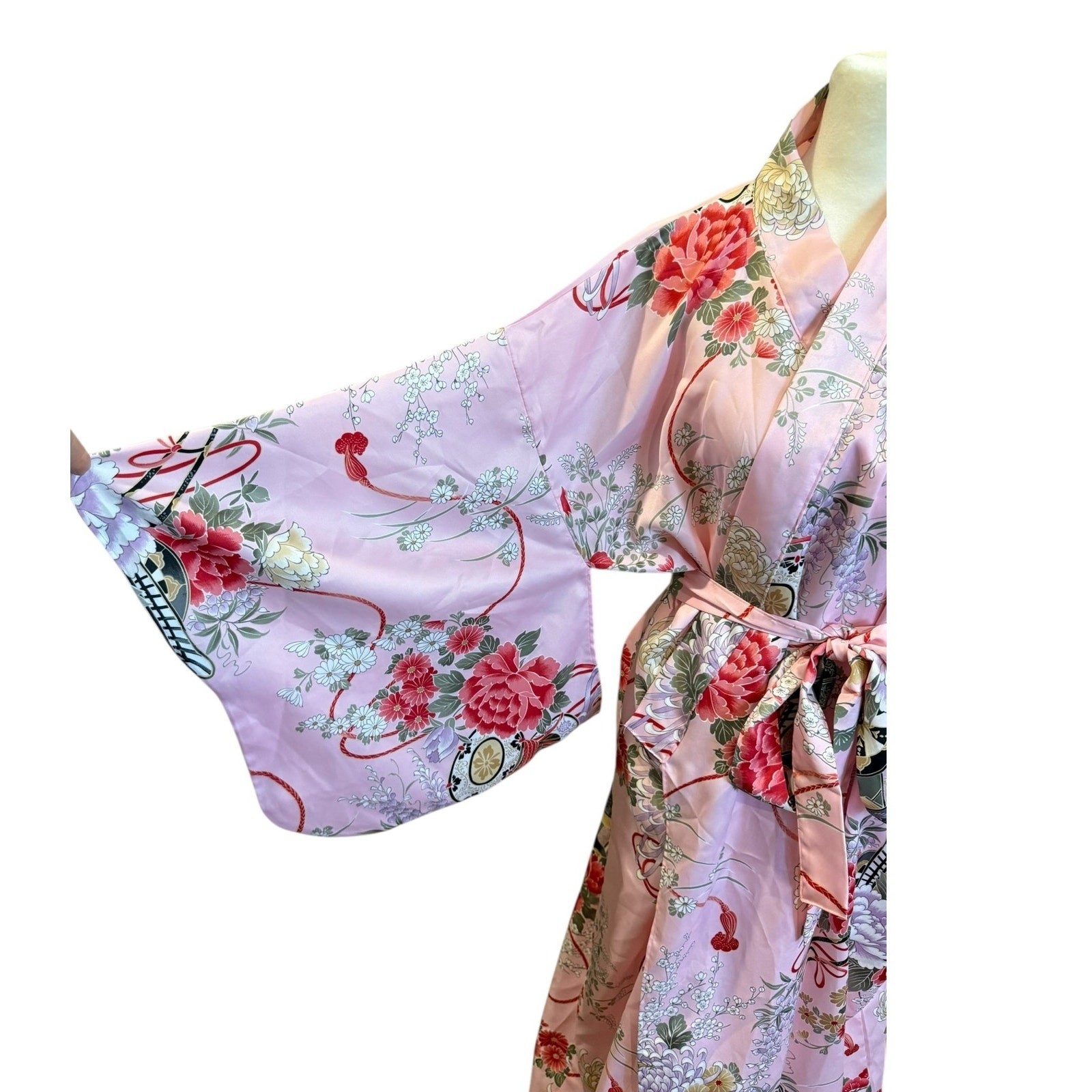 Pink Floral Kimono Robe Womens Satin Yukata Long Duster Lounge Belt