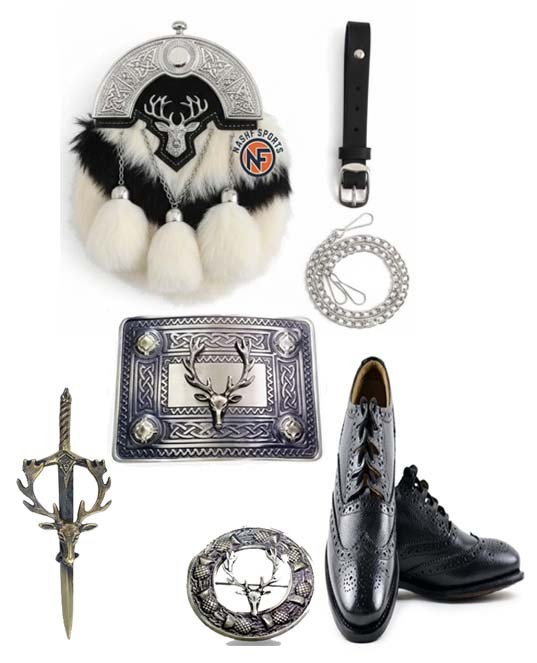 Scottish Full Drees Rabbit Fur Sporran Stag Cantle Kilt Accessory with Shoes