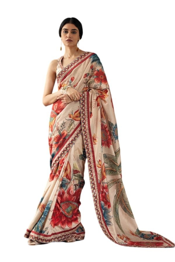 Women’s Farewell Floral Print Sarees With Lace Border & Unstitched Blouse Piece