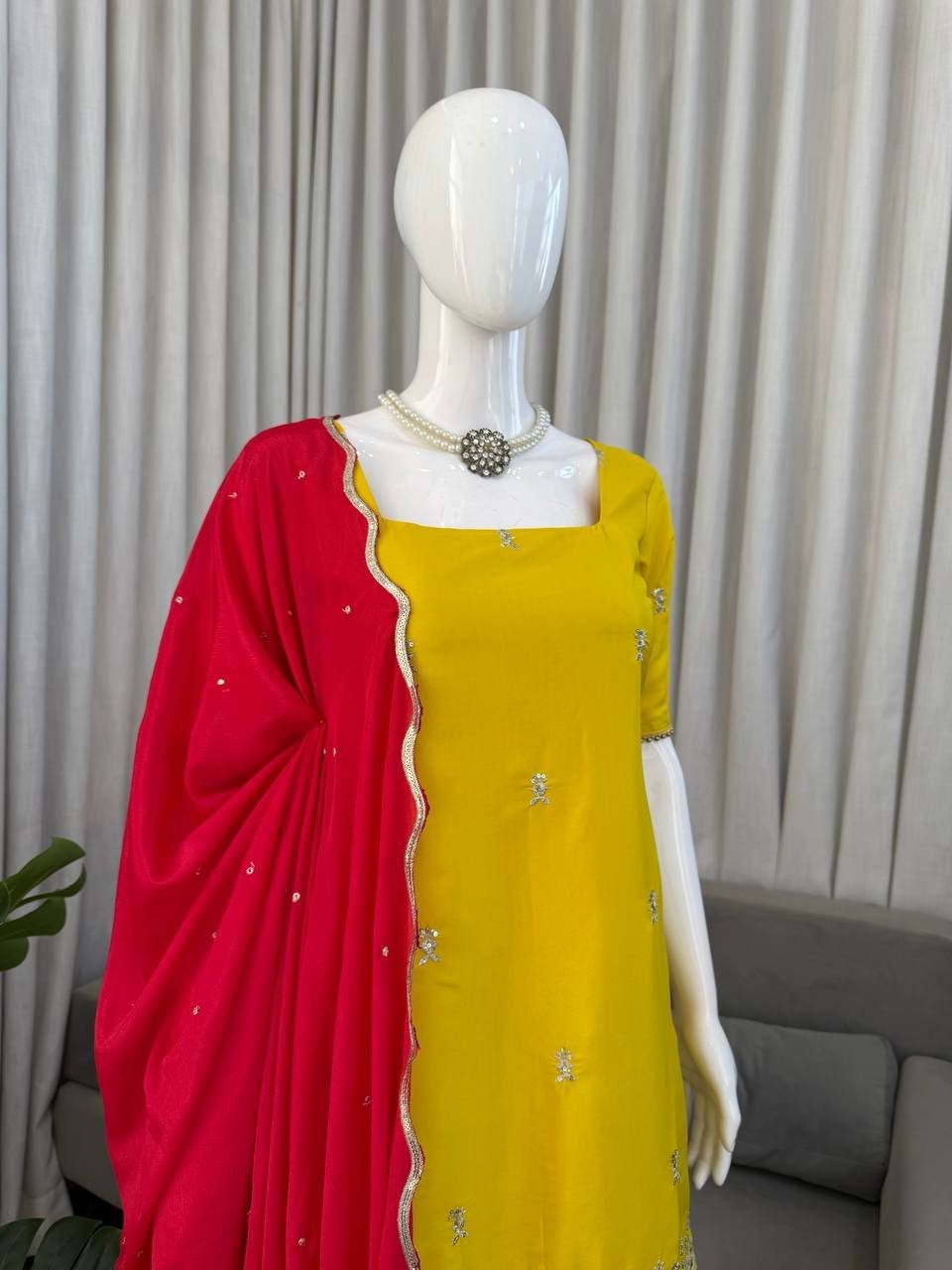 Party Wear Natural Crep Silk Yellow Top Palazzo With Dupatta For Women & Girls