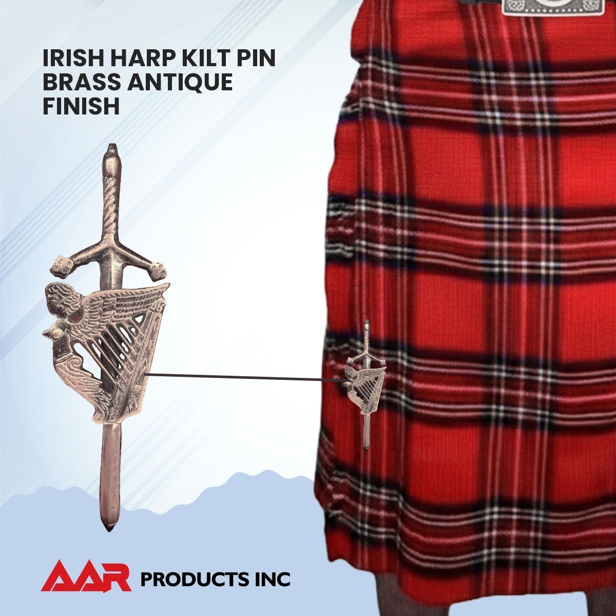 Kilt Pins Scottish Big Harp Highland Kilts Pin Antique Plated 4″ AAR