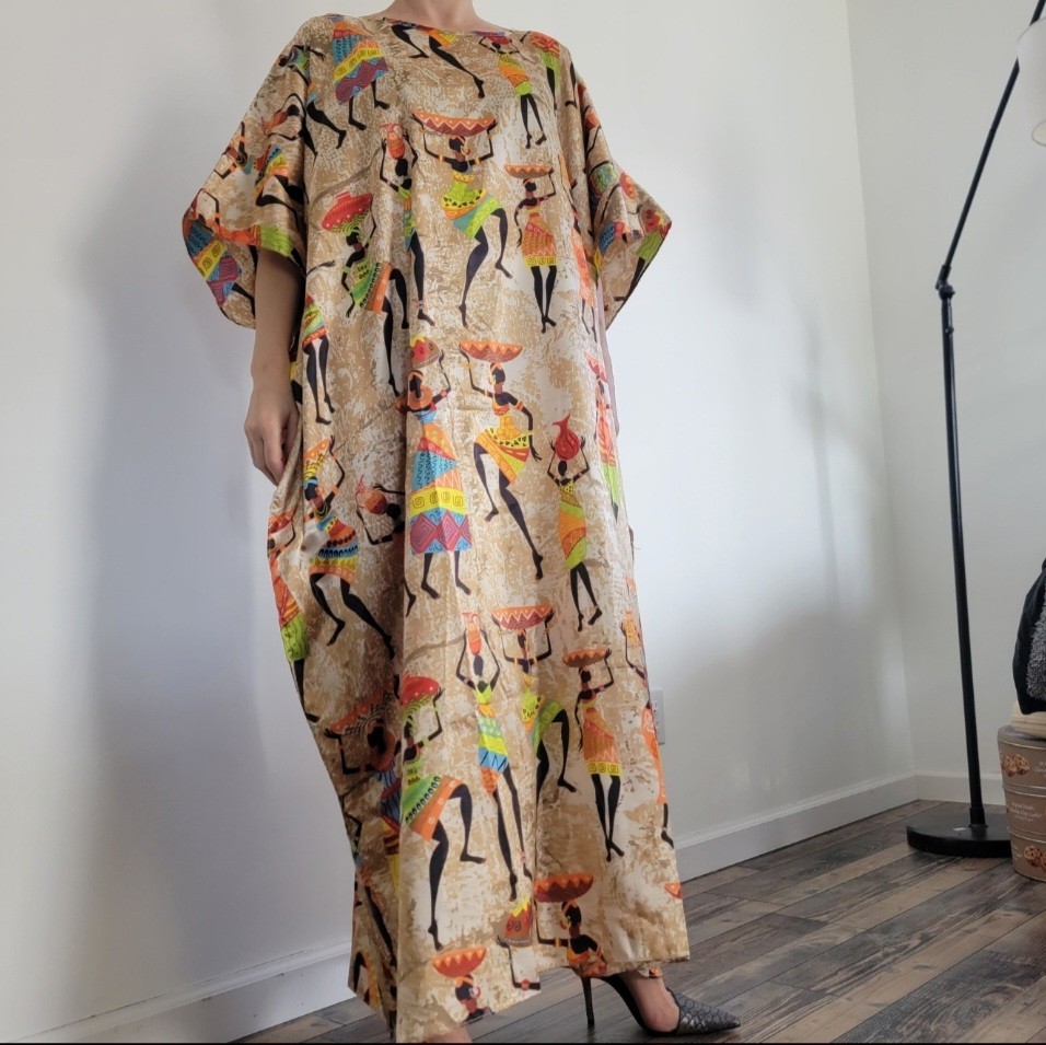 GoddessWinlar African American Multicolor Yellow Beige Long Caftan Dress OneSize