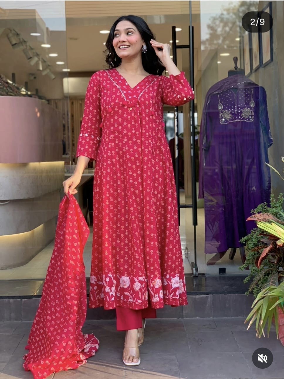 Red Printed Anarkali Flair Gown for Women, Indian Salwar Kameez Readymade, Kurta