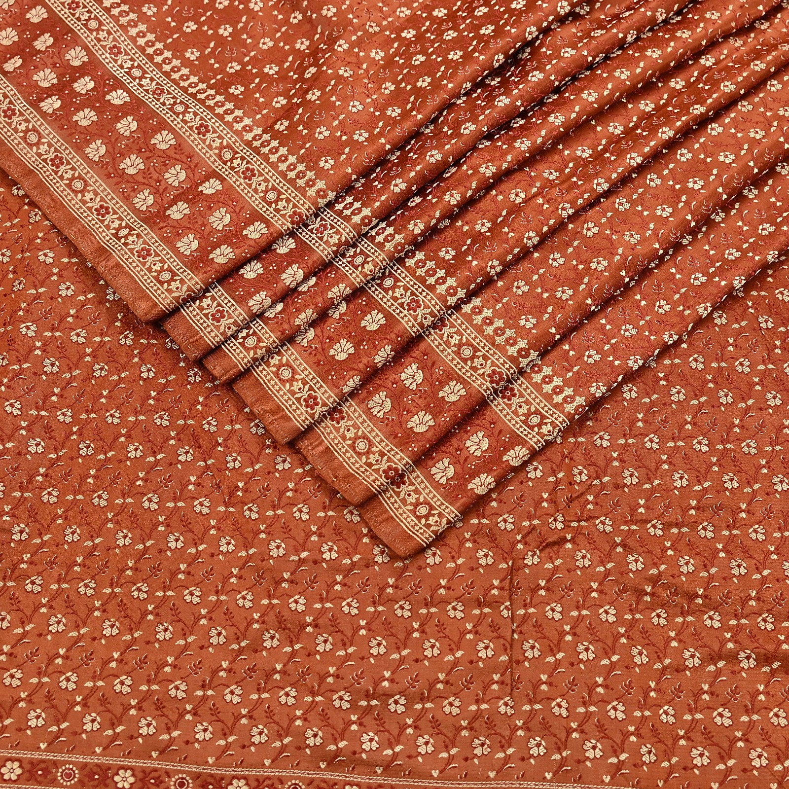 Vintage Rusty Orange Banarasi Silk Saree Pure Satin Silk Handwoven Tanchoi 5yd