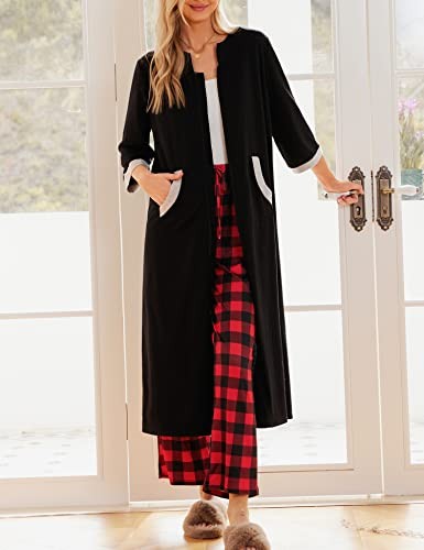 Women Zipper Robe 3/4 Sleeves Loungewear Dress Full Length Large Style 1-black