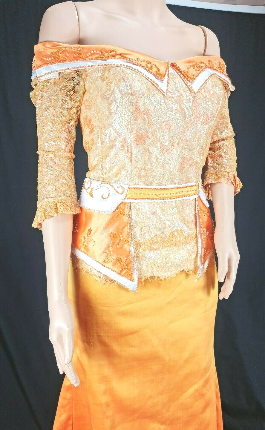 Cambodia Khmer Traditional Out fit Women Size M Gold Lace Pamong Mermaid Skirt
