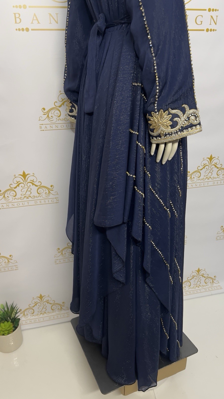 Fancy Kaftan long Party Dress Embellished Golden Embroidery Rhinestone Navy