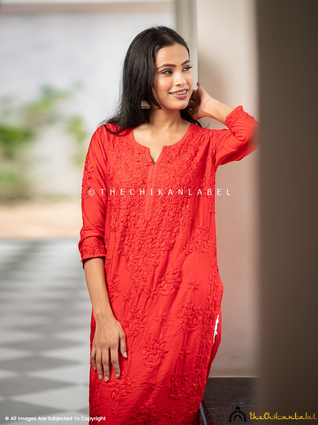 Red Iyada Chanderi Straight Chikankari Kurti Lucknow Chikankari Kurta Top