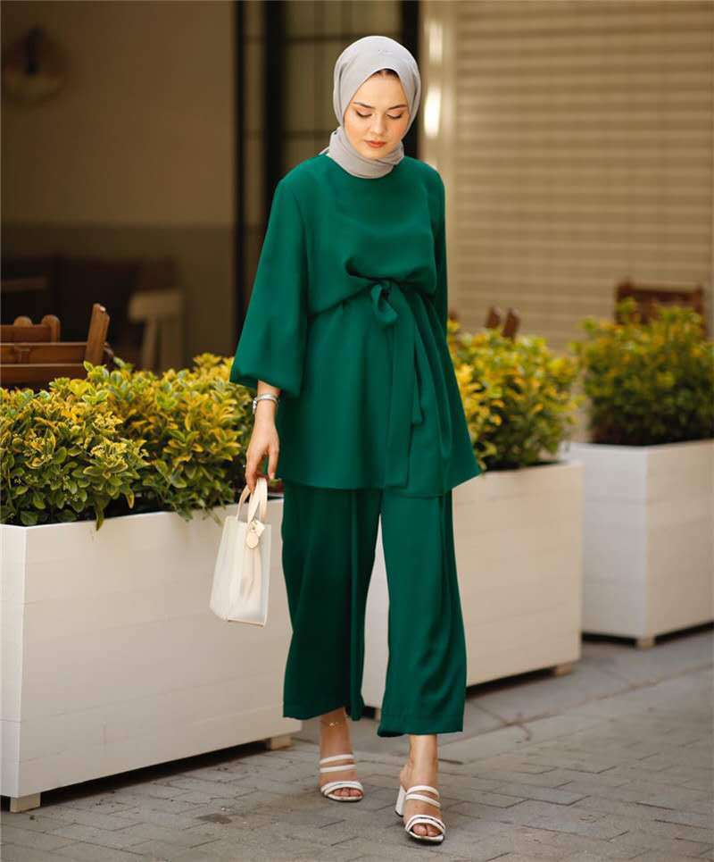 Dubai Muslim Women Long Sleeve Blouse Pants Outfits Two Piece Set Abaya Kaftan