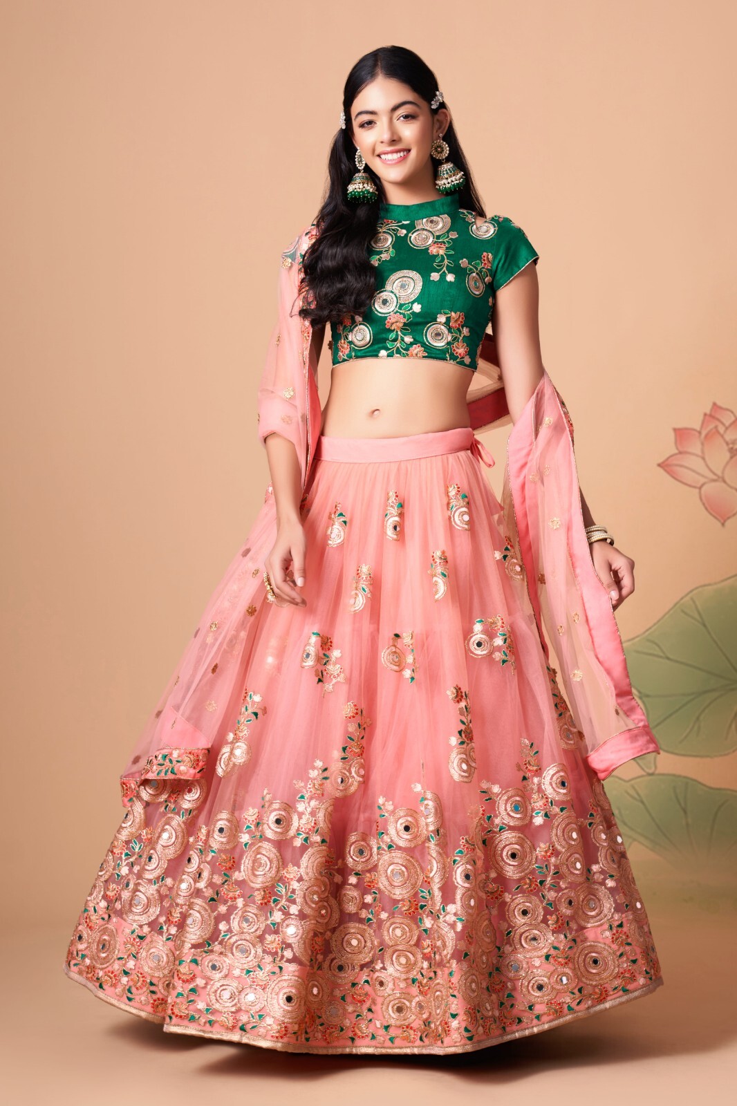 Stunning Peach Net Thread, Zari , An Sequence Embroidery Work Lehenga Choli