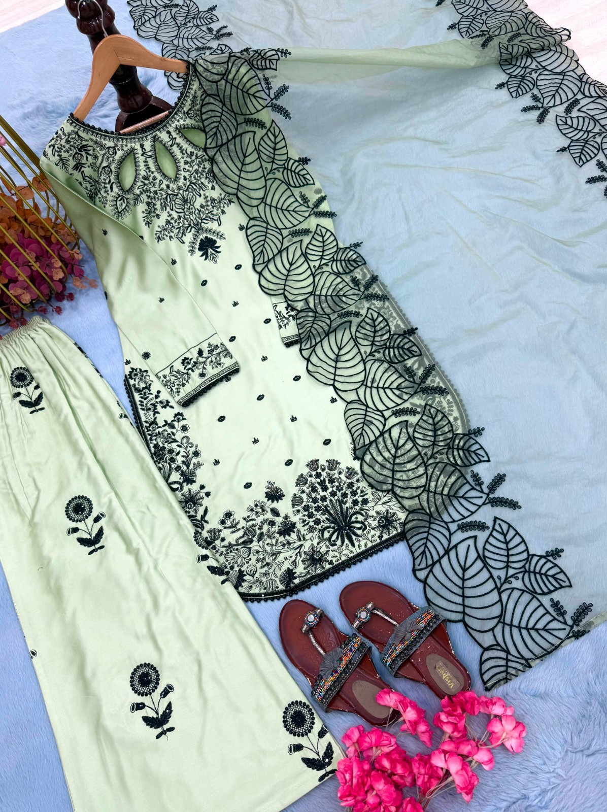 Indian Pure Cotton Light Pistachio Green Embroidered Kurti Pant Dupatta Set