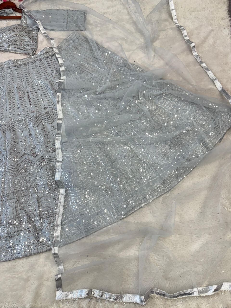 Attractive Look Rangoli Silk Grey Lehenga Choli With Dupatta For Wedding Wear