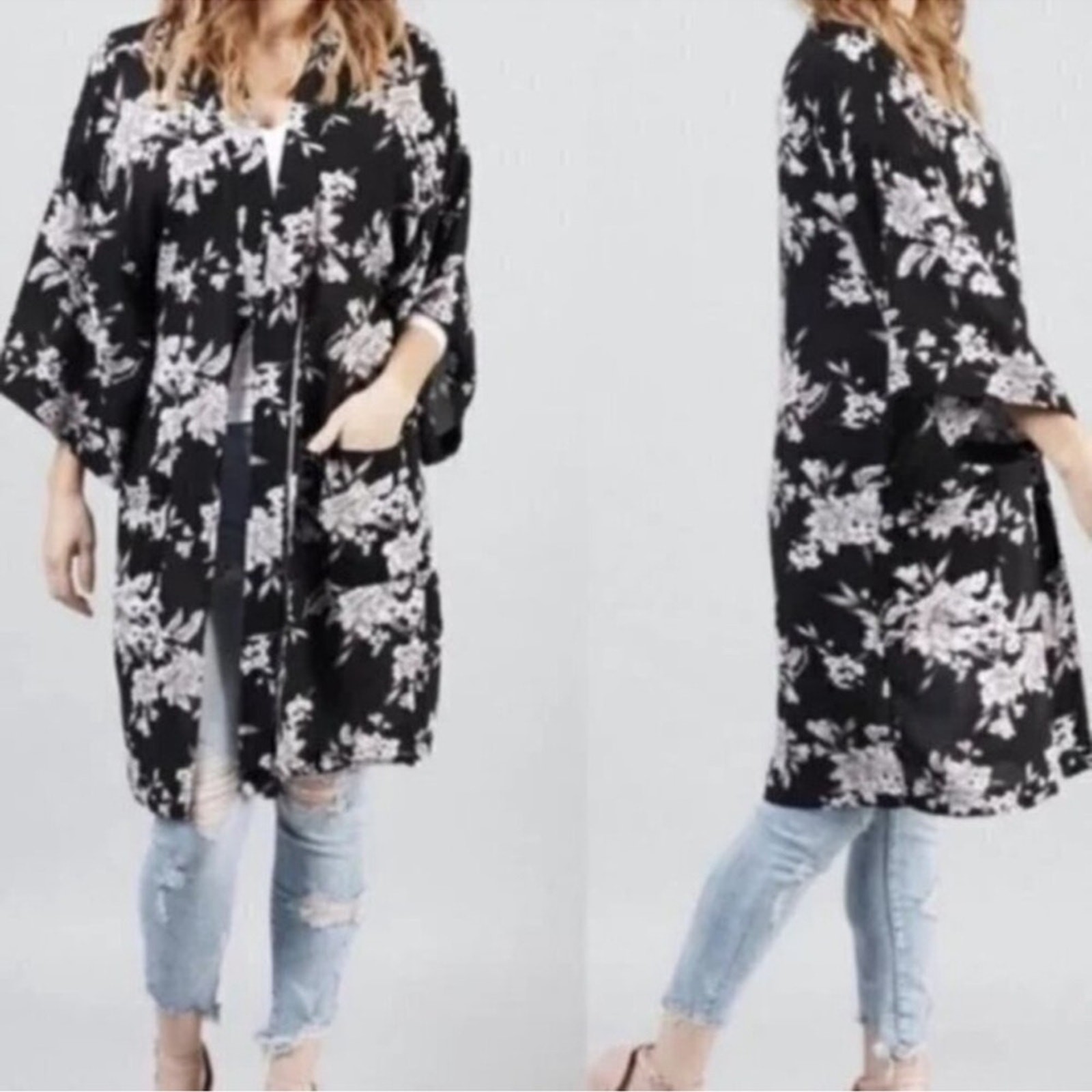 Spiritual Gangster Maya Kimono Floral Wrap Tunic Black White Boho Hippie Fall