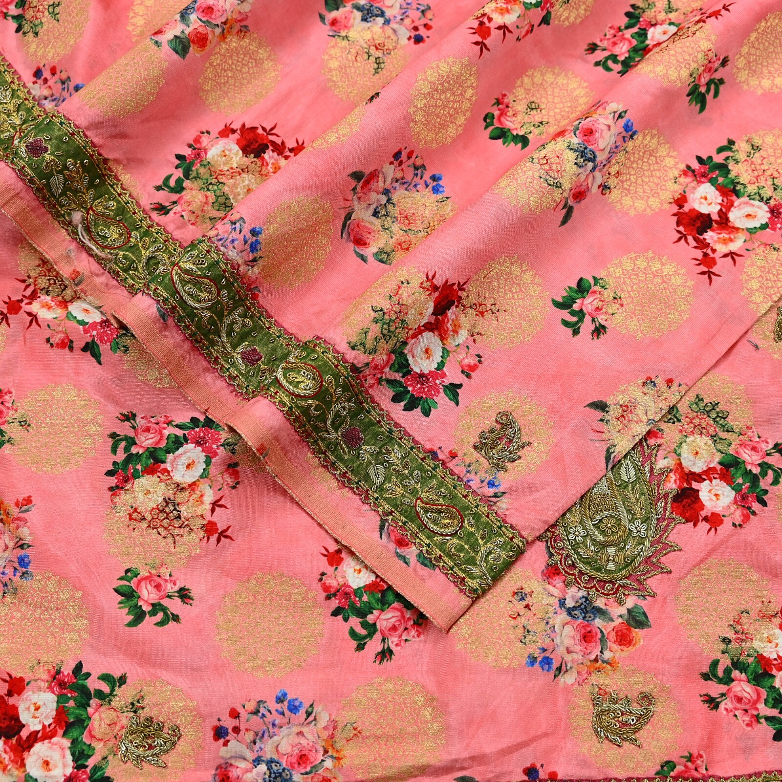 Vintage Peach Sarees Hand Embroidered Woven Brocade Sari Fabric 6Yd Sewing Dabka