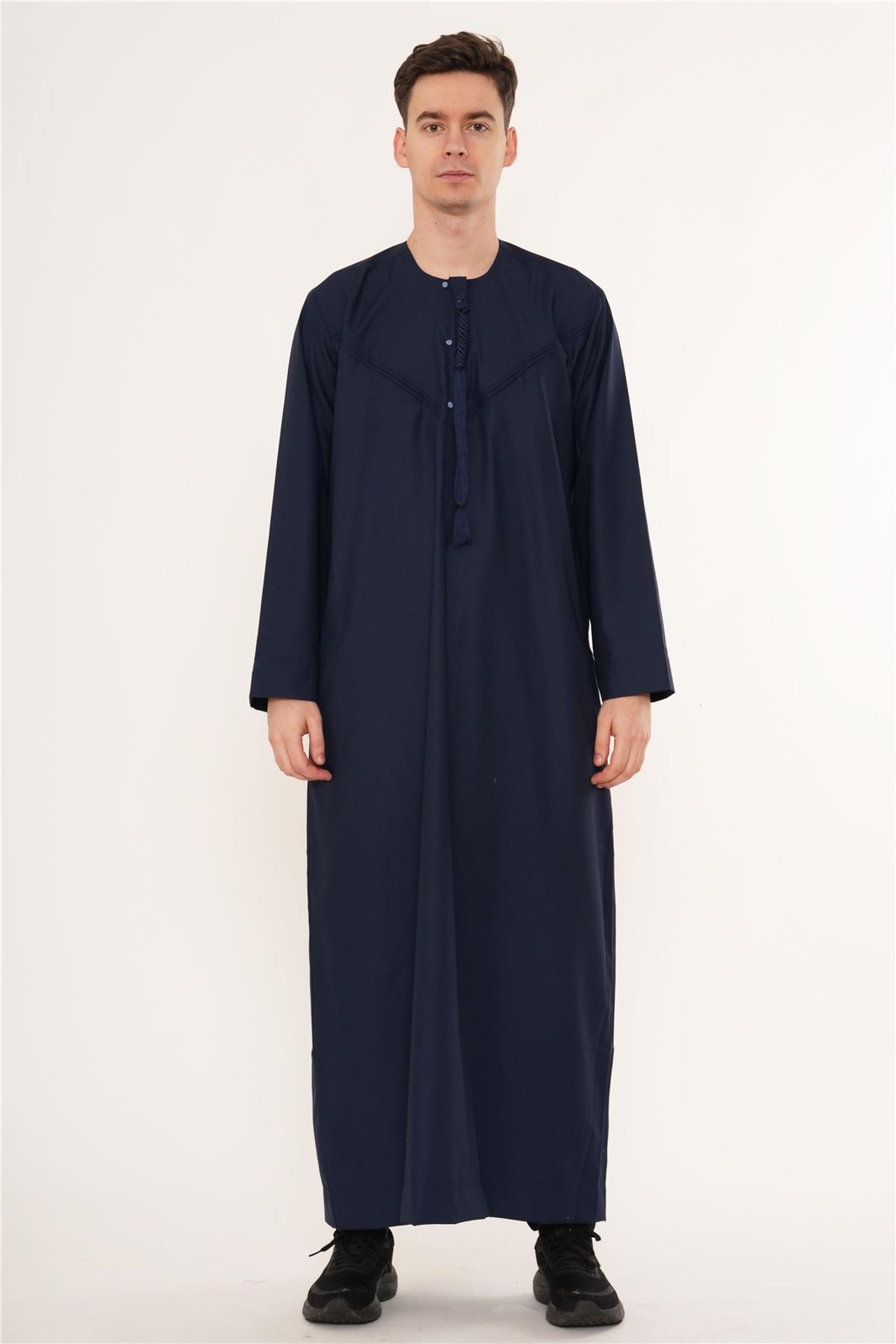 Men Navy Tassel Thobe Emirati Omani Jubba Islamic Zipped Muslim Eid String