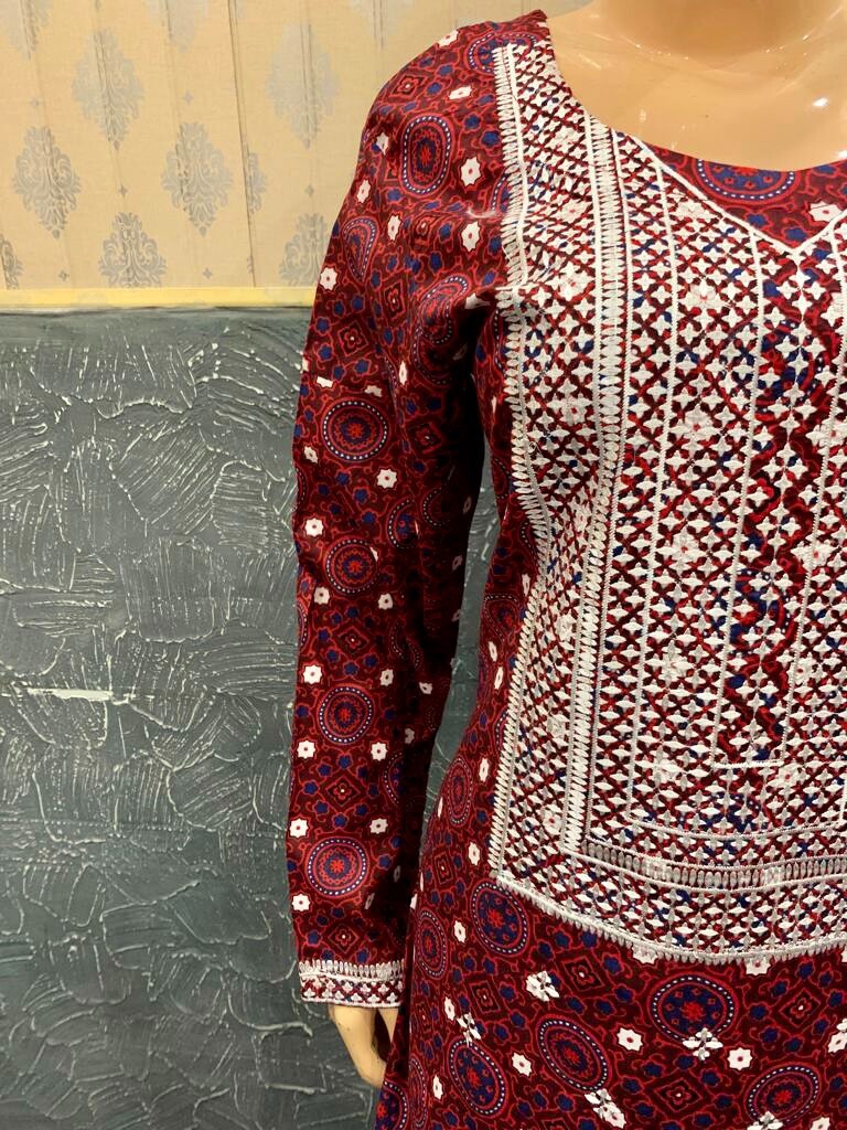 Pakistani Maroon Ajrak Printed Straight Shirt 3-PCS Lawn Dress, Threadwork,L#1