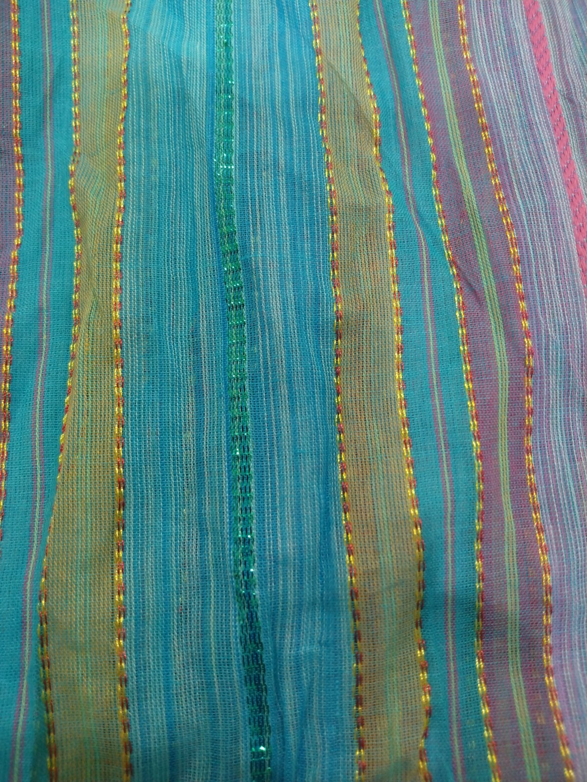 indian saree fabric Blue Pink Green Sparkles yellow glitter stripes striped