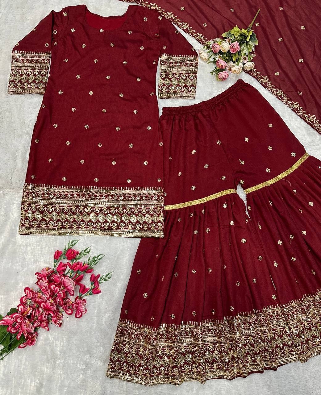 Stylish Look Heavy Vichitra Silk Maroon Top Palazzo With Dupatta For Women Wear