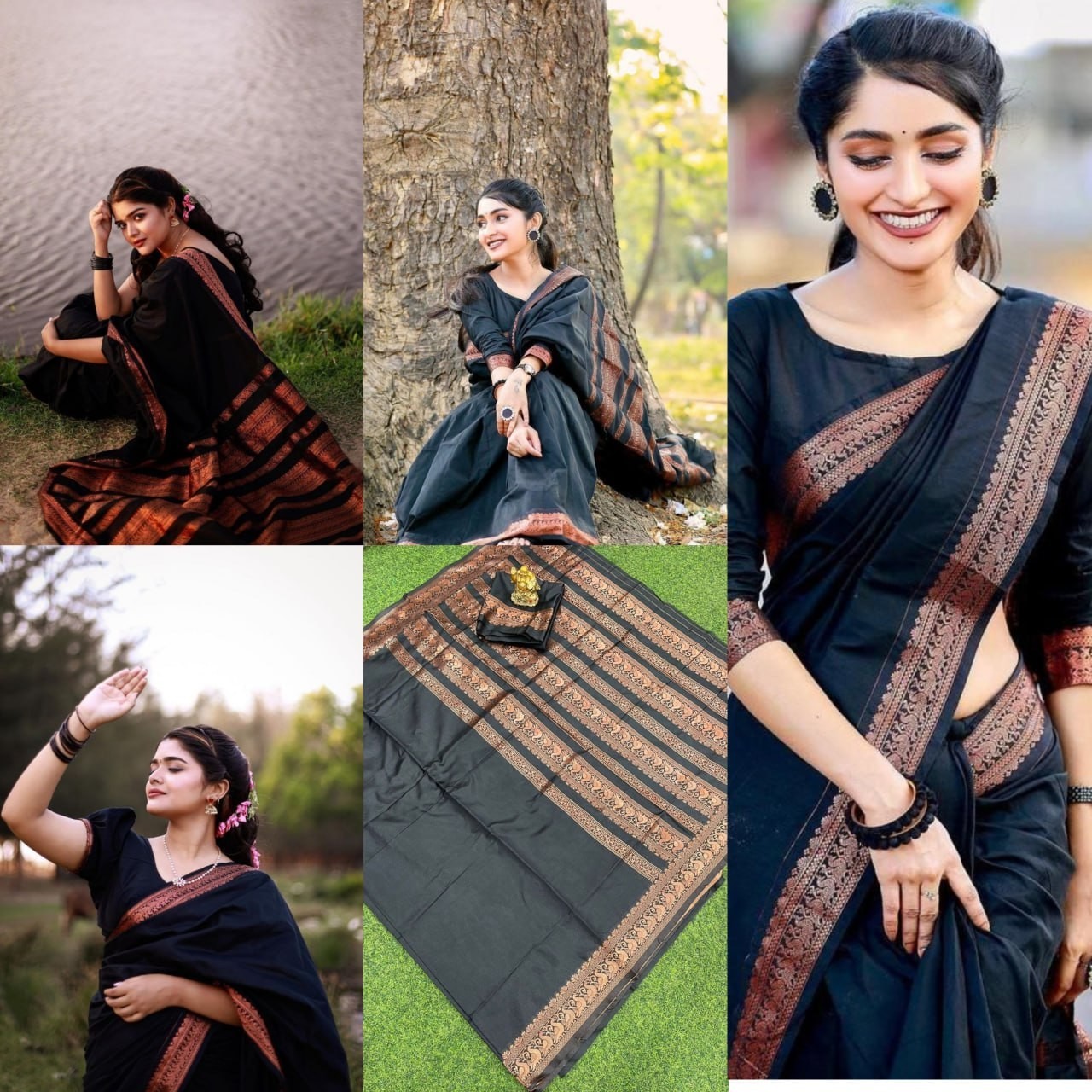 Black Lichi Silk Saree Indian Wedding Wear Jacquard Copper Zari Blouse Sari