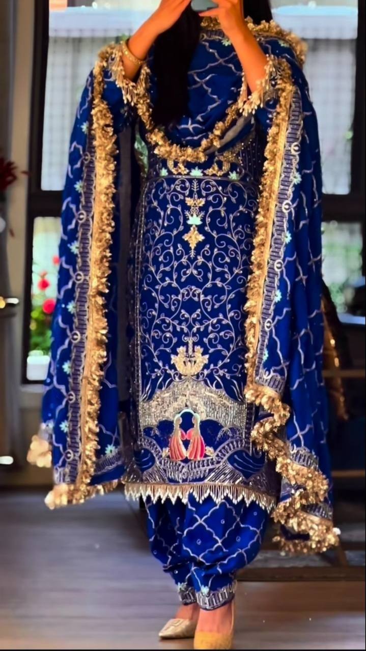New Latest Blue Natural Crepe Top Dhoti With Dupatta For Indian Reception Wear