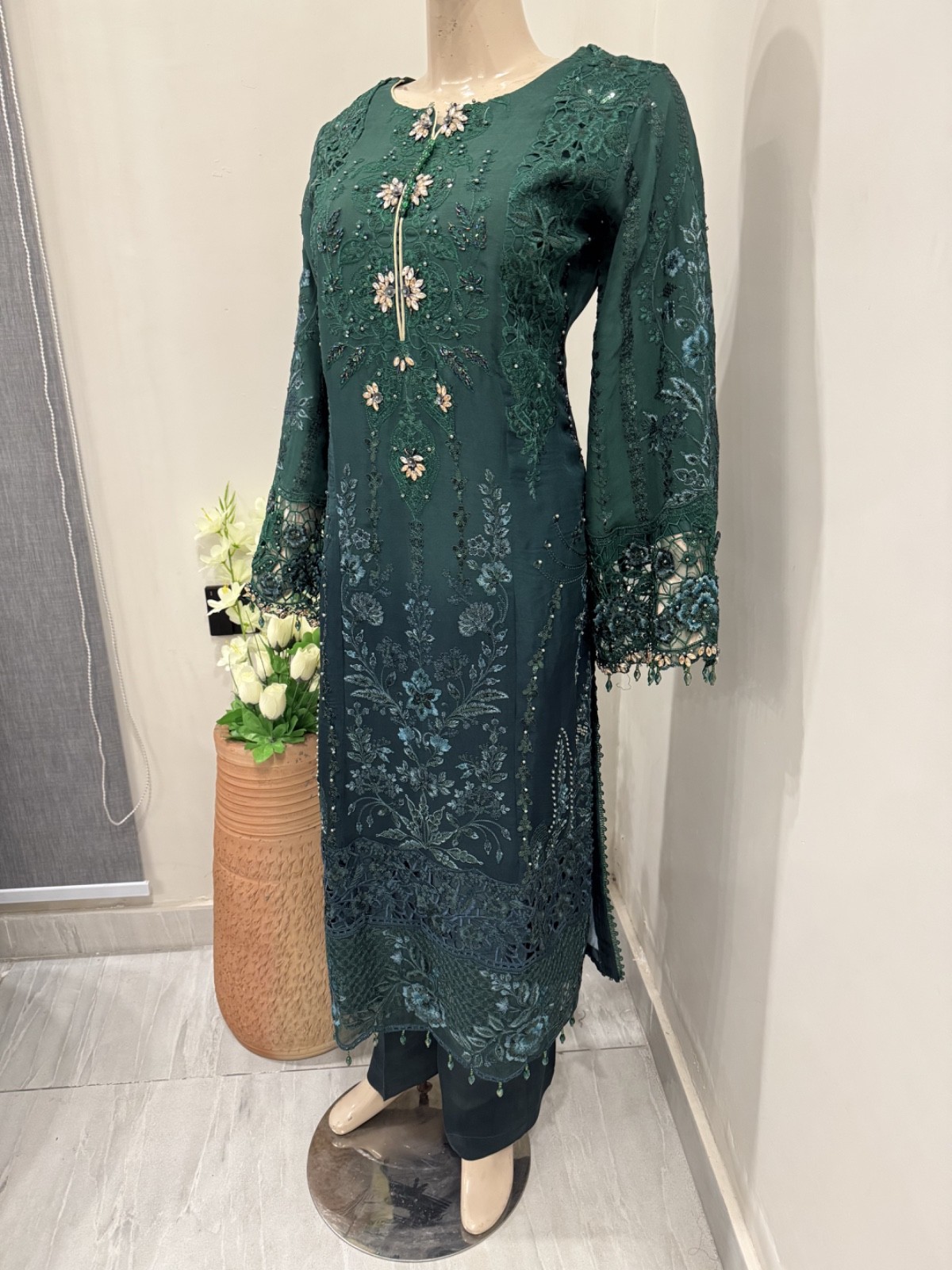 Pakistani GreenFancy Chiffon Dress with embroidery & Squins work, Xl