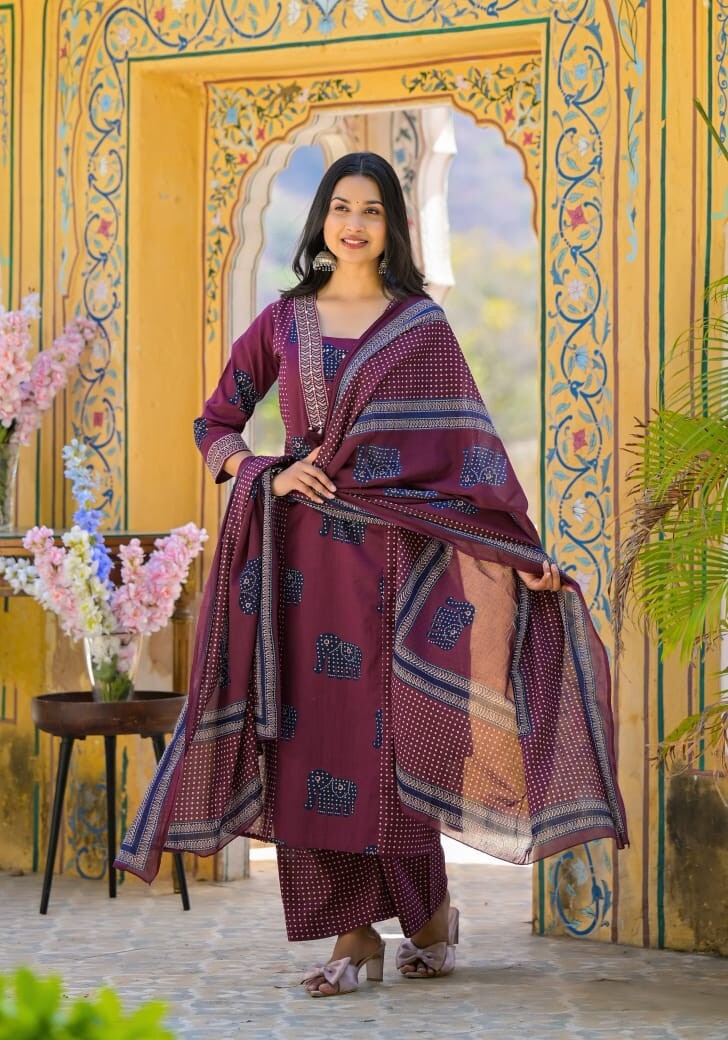 Beautiful Traditional Kurta Sets Design Motif: Elephant print