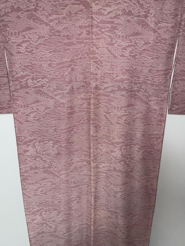 Japanese Kimono Edo Komon Pure Silk Pink Landscape Scenic Vintage Excellent XS