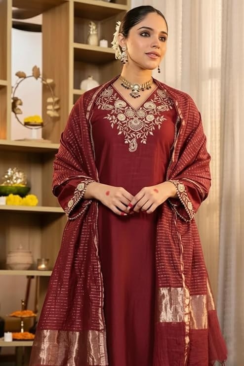 Women Maroon Plus Size Embroidered Indian Silk New Kurta Top Trousers & Dupatta