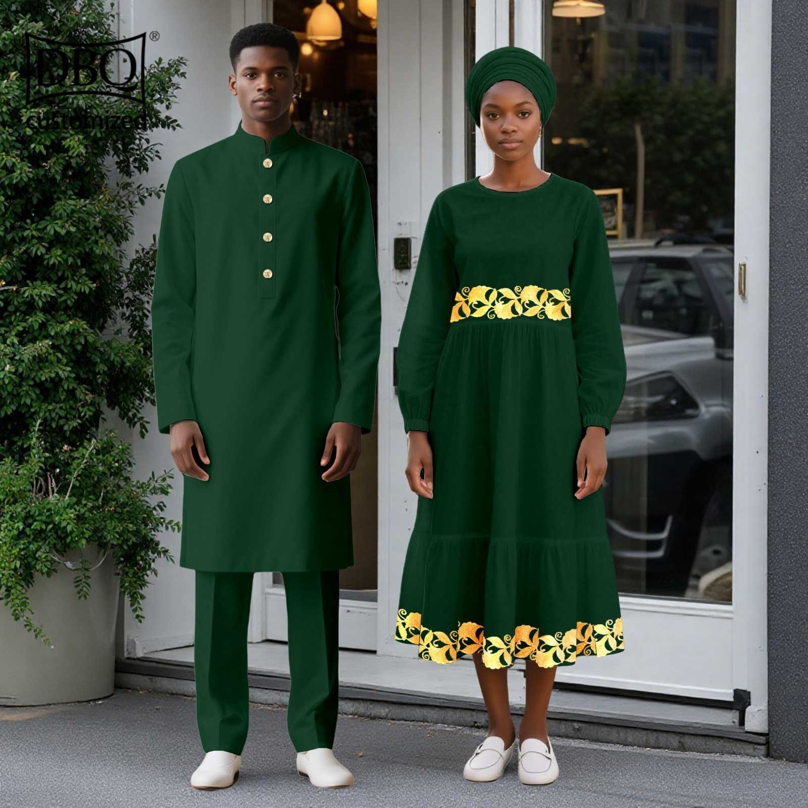 African Wedding Clothes Men Long Jacket Pants Set Women Midi Dress with Headwrap