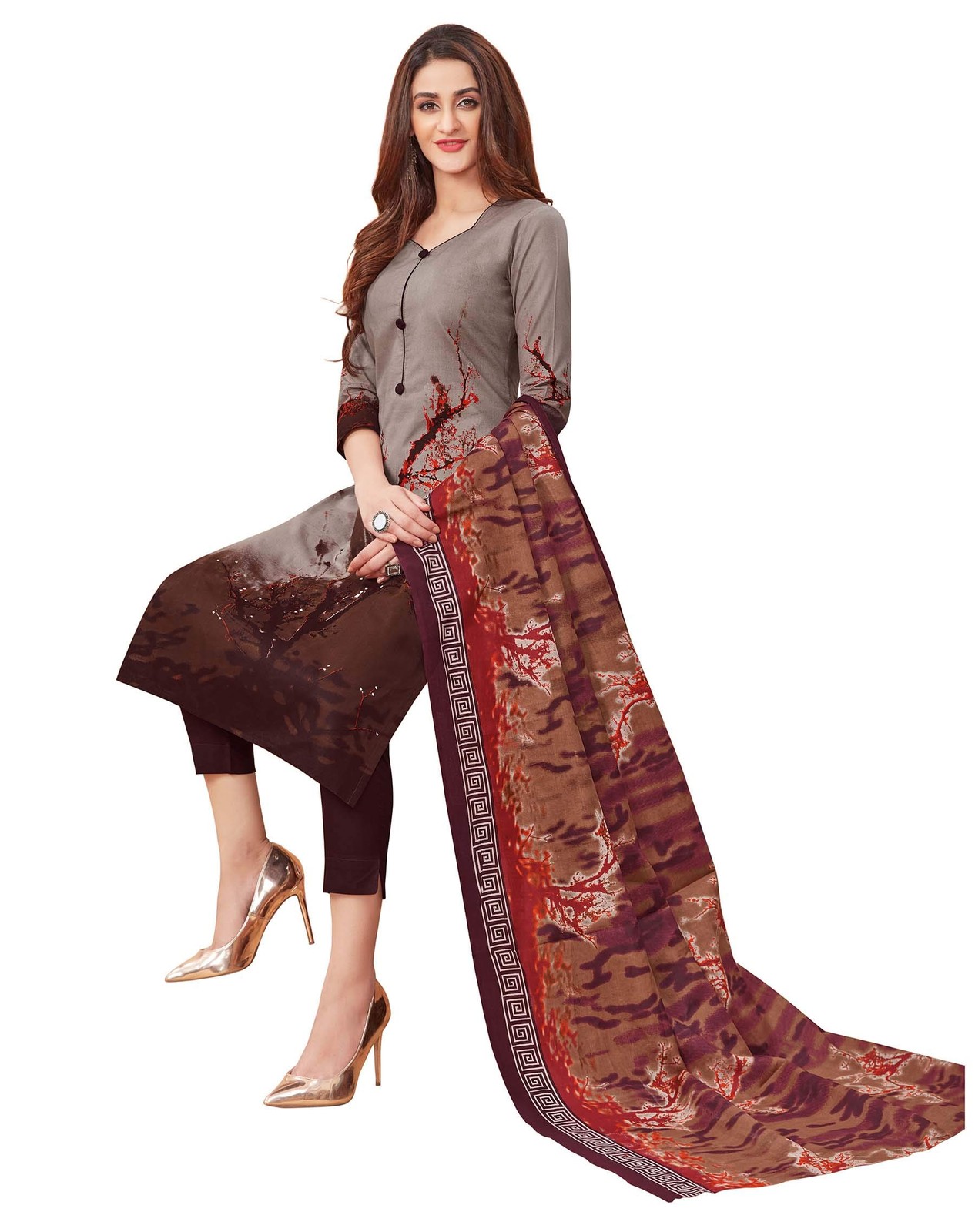 Miraan Cotton Printed Salwar Suit for Women Brown Readymade Medium Size
