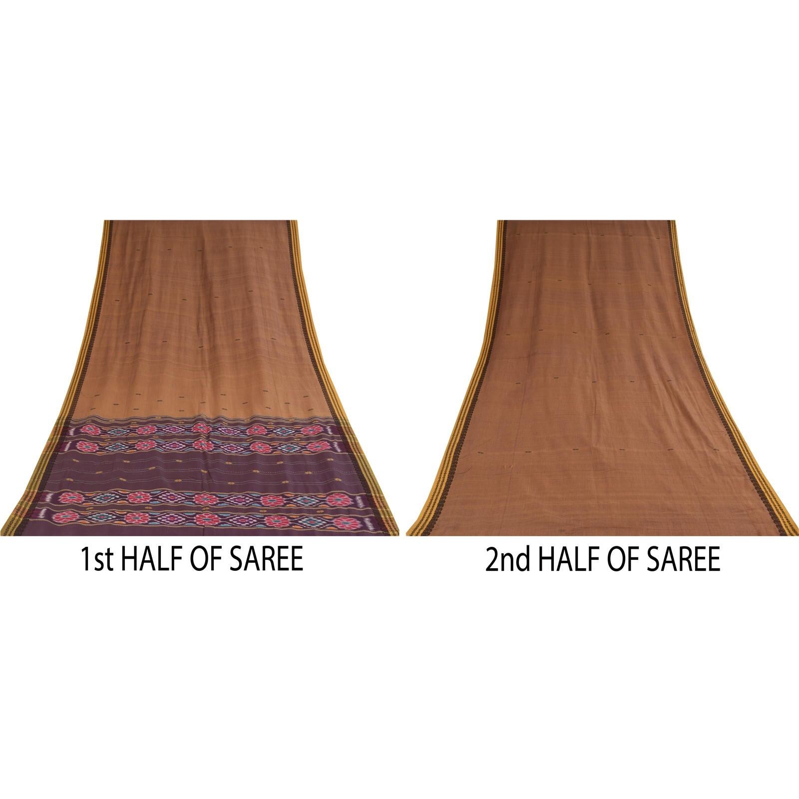 Sanskriti Vintage Brown Sarees Pure Cotton Woven Ikat Sari Premium Craft Fabric