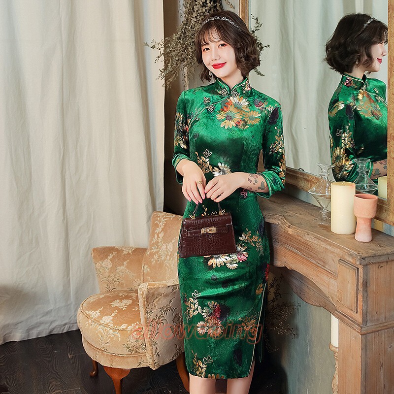 Women Autumn Qipao Dress Chinese Short Velvet Cheongsam Evening Party Gown