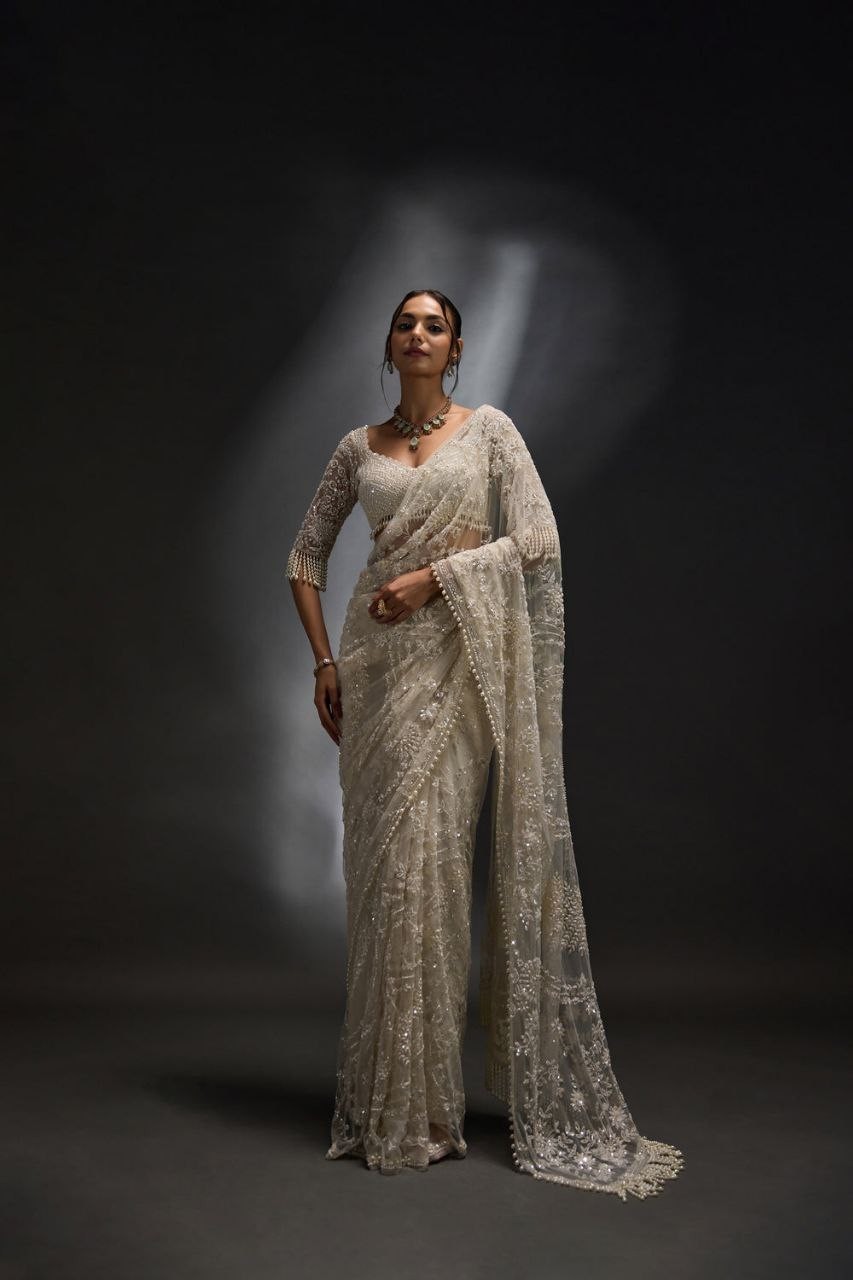 Pradeep Fashion Bollywood Replica White Color Mono Net Sequence Embroidered Sari