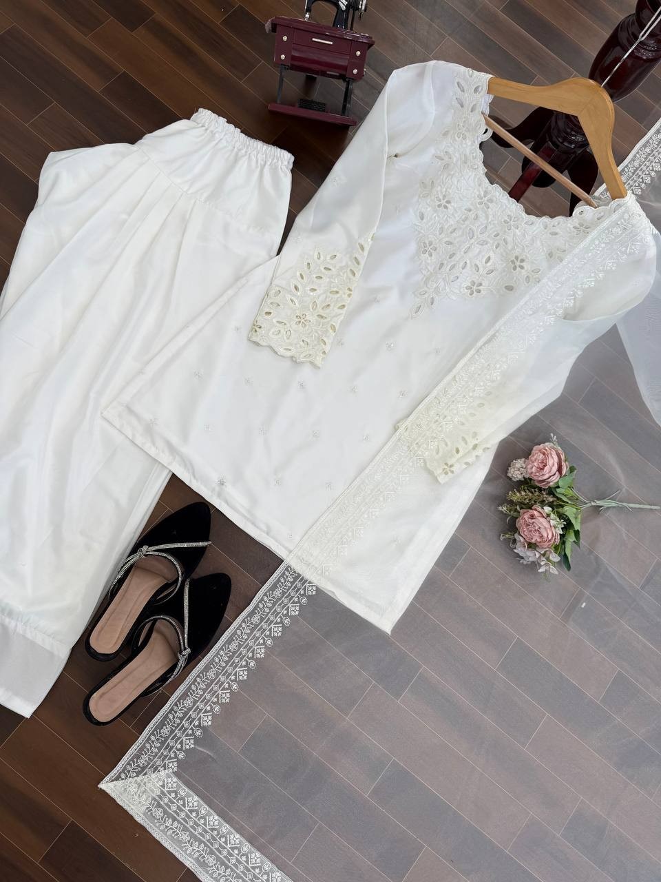 Ethnic Wear Natural Crep White Top Bottom With Dupatta For Women And Girls