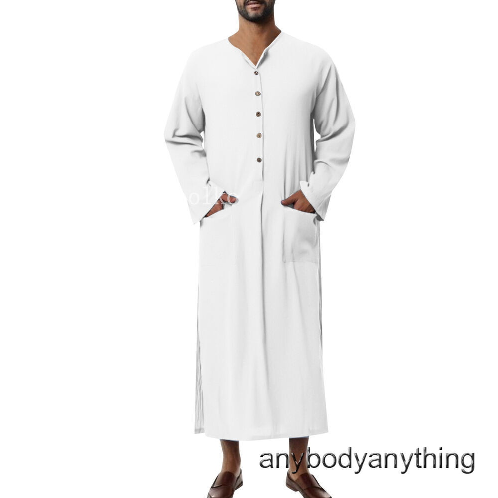 Mens Cotton Muslim Clothing Long Sleeve Islamic Saudi Arab Kaftan Robe Loose Fit