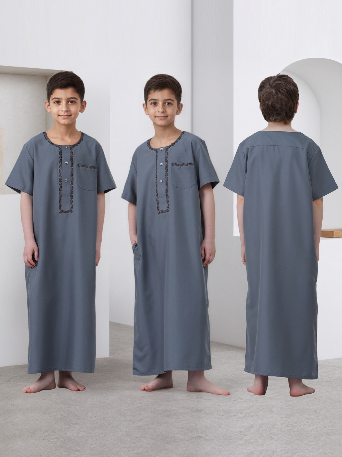 Saudi Arab Boys Thobe Jubba Long Sleeve Abaya Coat Simple Button Daily Wear Eid