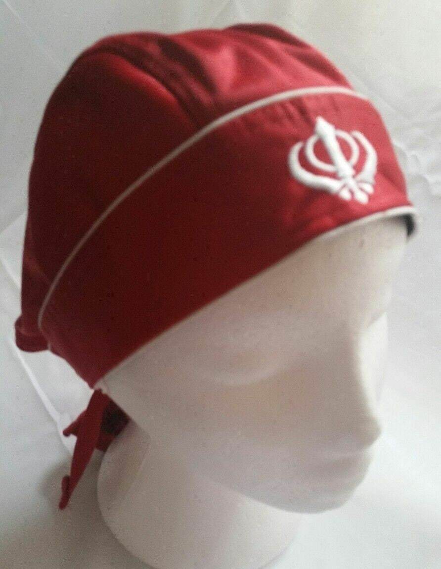 Sikh punjabi turban jean patka pathka khanda bandana head wrap red colour singh